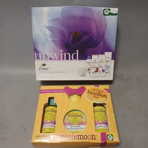 LOT OF 2 ASSORTED COSMETIC BOXSETS TO INCLUDE - DOVE UNWIND MOMENTS COLLECTION - TREACLEMOON SUNNY BRAZILIAN LOVE BODY COLLECTION