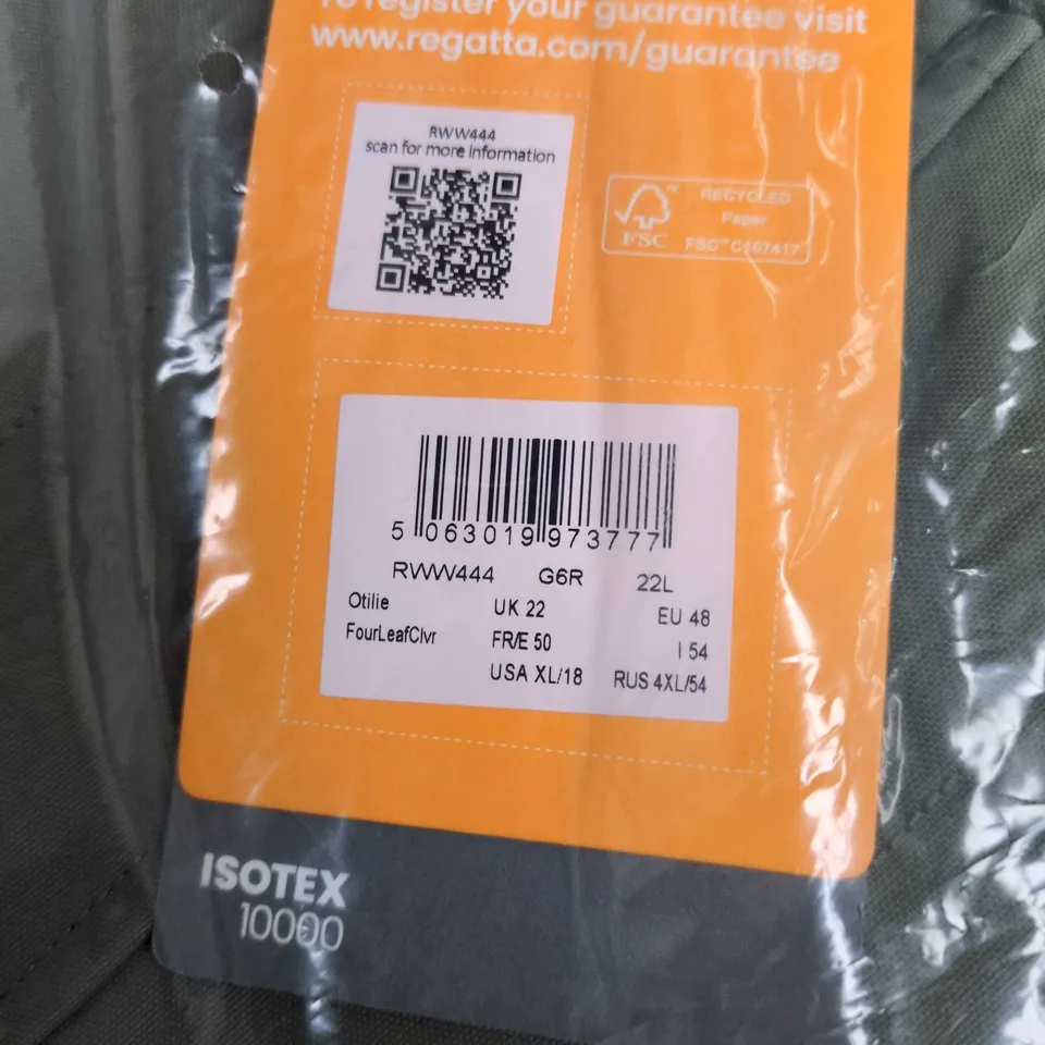 REGATTA GREAT OUTDOORS OTILLIE WATERPROOF JACKET IN FOUR LEAF CLOVER – ISOTEX 10000, SIZE UK 22