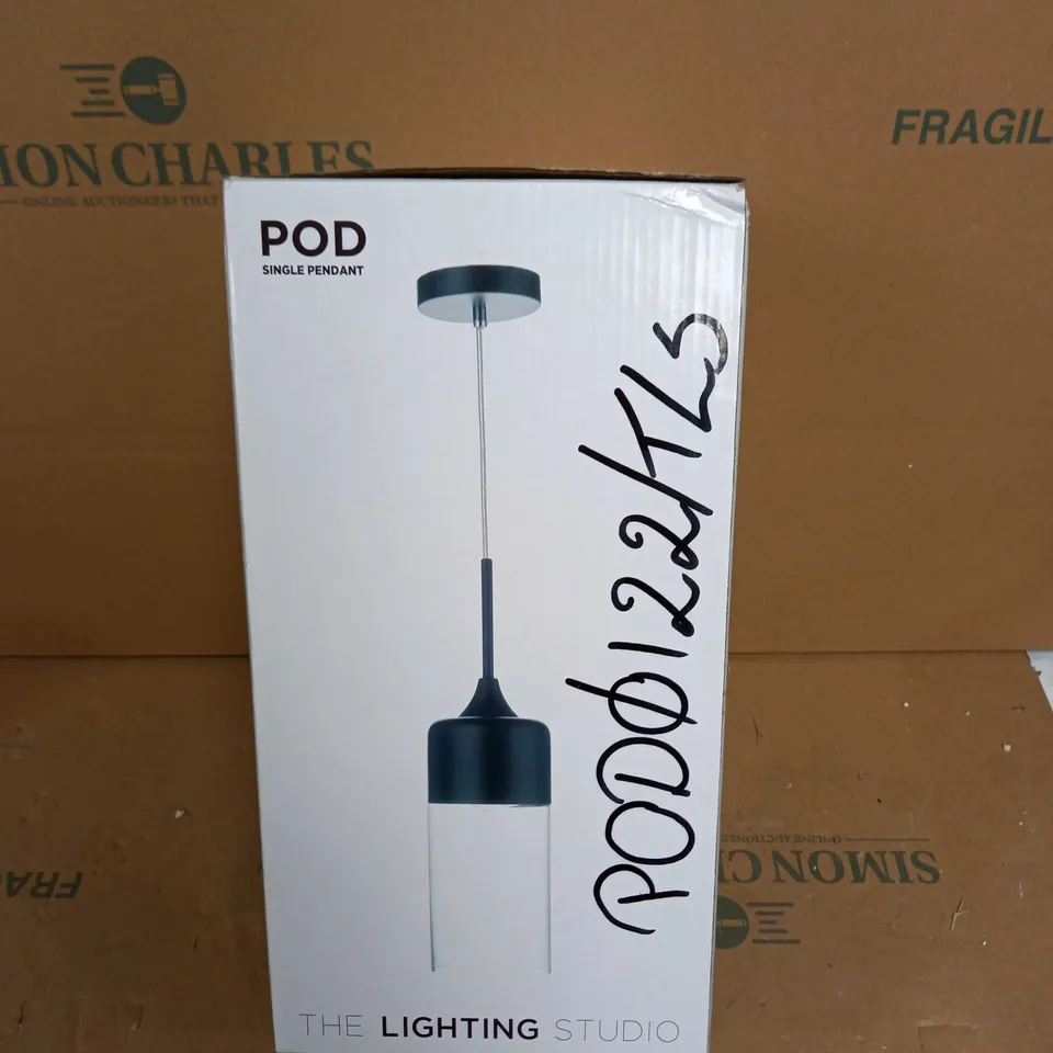 THE LIGHTING STUDIO POD SINGLE PENDANT CLEAR GLASS SHADE WITH BLACK METAL TOP