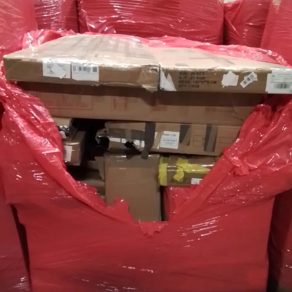 PALLET CONTAINING VARIOUS ASSORTED BOXED HOUSEHOLD ITEMS TO INCLUDE: L SHAPED DESK, WORKSTATION, SIDE TABLE AND LOTS MORE UNMARKED BOXED ITEMS 