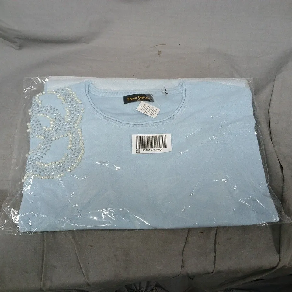 FRANK USHER LIGHT BLUE KNIT TOP WITH PEARL EMBELLISHMENT – SIZE LXL