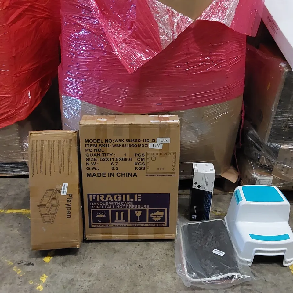 PALLET OF ASSORTED ITEMS INCLUDING: HOLLYWOOD MIRROR, PLAYPEN, PRINTER INK, STEP, MAT