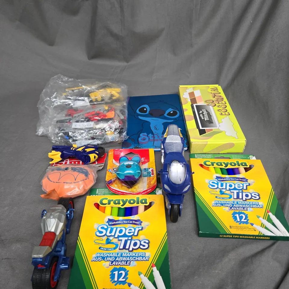 APPROXIMATELY 10 ASSORTED TOYS AND GAMES TO INCLUDE LEGO, CRAYOLA AND STITCH