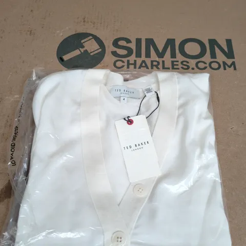 TED BAKER LONDON WHITE TOUCH OF SILK SHORT SLEEVE CARDIGAN, UK SIZE 4