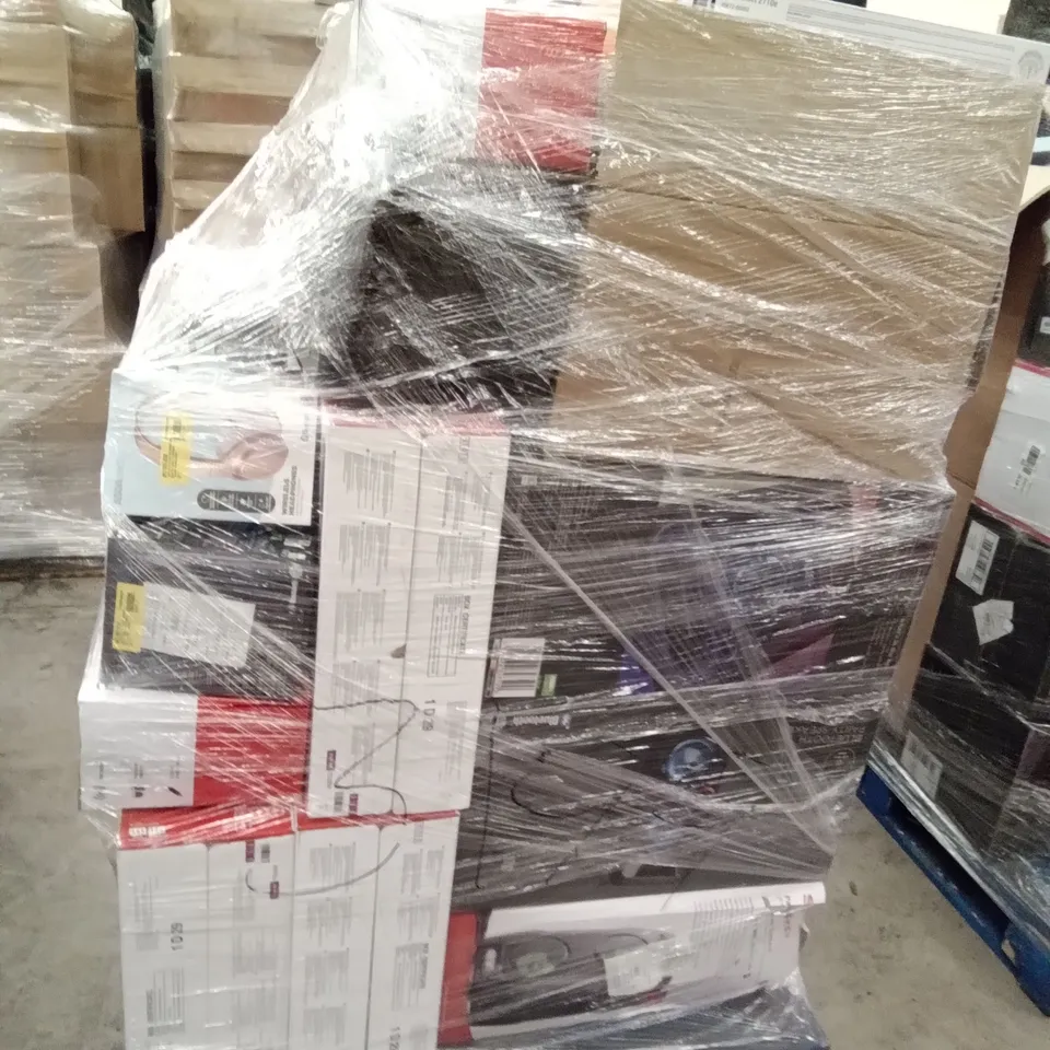 PALLET OF ASSORTED ELECTRONICS INCLUDING WIRELESS HEADPHONES, HP DESKJET, ONN CD BOOMBOX, ONN WIRELESS KEYBOARD, CANON PIXMA, SHARP PARTY SPEAKER SYSTEM