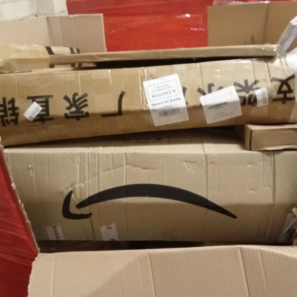 PALLET OF HOUSEHOLD GOODS AND PRODUCTS TO INCLUDE; PICTURE FRAME, BLACK MARBLE EFFECT WRAPPING PAPER, BATH & SHOWER GRAB BAR, BOXED FURNITURE ETC