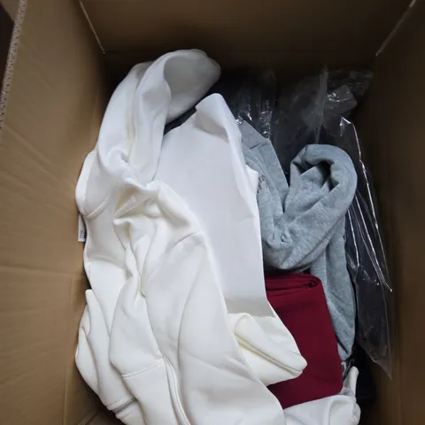 LARGE BOX OF ASSORTED CLOTHING ITEMS IN VARIOUS SIZES, STYLES AND COLOUR 