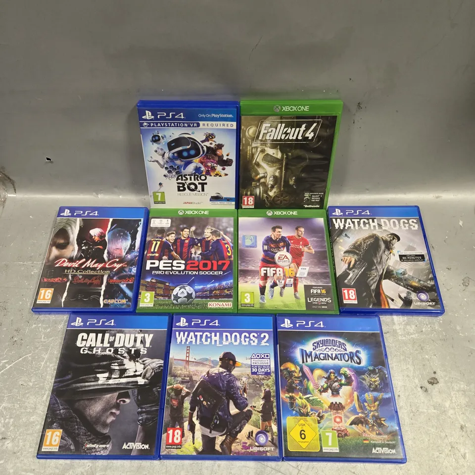 9 X ASSORTED VIDEO GAMES TO INCLUDE FALLOUT 4, WATCHDOGS, ASTRO BOT ETC 