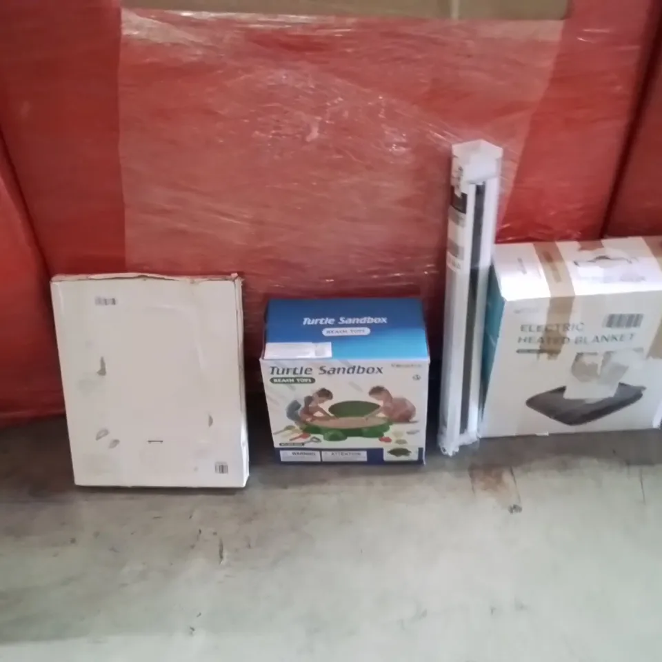PALLET OF ASSORTED HOUSEHOLD GOODS AND PRODUCTS TO INCLUDE;  BLACK GLITTER TOILET SEAT, TURTLE SANDBOX, ROLLER BLIND, ELECTRIC HEATED BLANKET