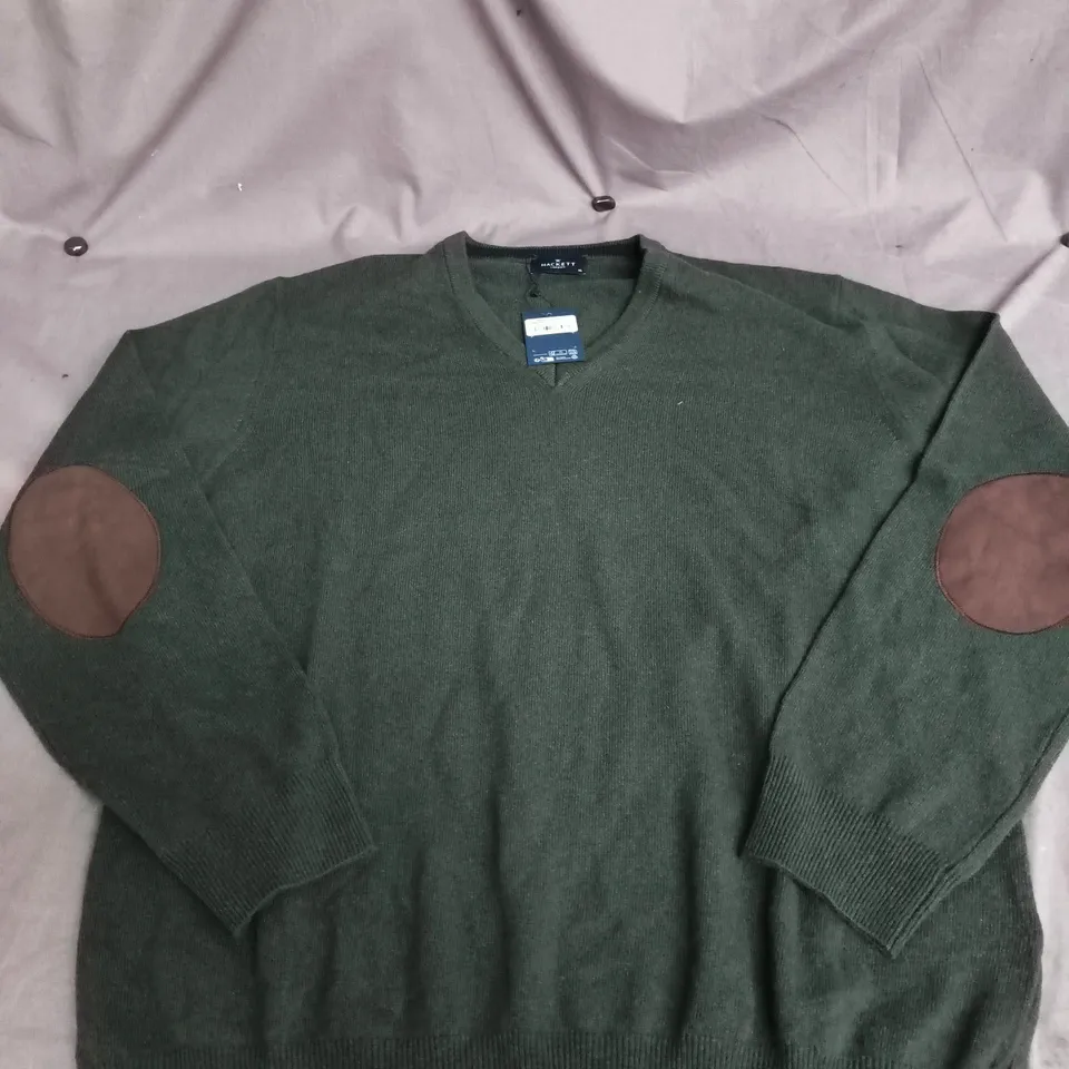 HACKETT LONDON MERINO CASH MIX V-NECK JUMPER – DUCK GREEN – UK SIZE XL
