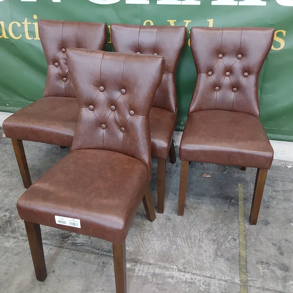 SET OF FOUR BEIGE PLUSH FABRIC UPHOLSTERED DINING CHAIRS BUTTONED BACKS, BROWN PU ON DARK WOOD LEGS