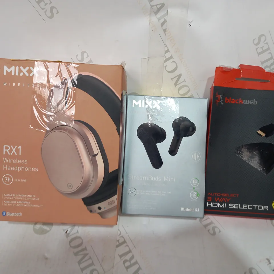 LOT OF APPROXIMATELY 20 ASSORTED HOUSEHOLD ITEMS TO INCLUDE MIXX RX1 WIRELESS HEADPHONES, MIXX STREAMBUDS MINI TRUE WIRELESS EARBUDS, BLACKWEB 3-WAY HDMI SELECTOR, ETC