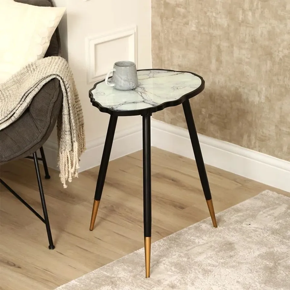BOXED AFFAAN 62.5CM SOFA SIDE TABLE FOR LIVING ROOM, MODERN DESIGN GLASS TOP END TABLE WITH STURDY METAL LEGS - WHITE/GREY TOP (1 BOX)