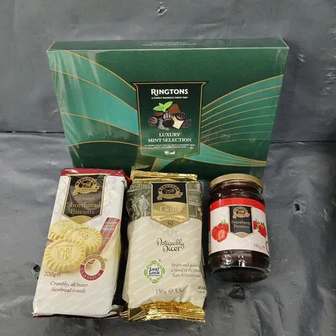 APPROXIMATELY 12 ASSORTED FOOD PRODUCTS TO INCLUDE RINGTONS LUXURY MINT SELECTION, SHORTBREAD BISCUITS, STRAWBERRY PRESERVE ETC 