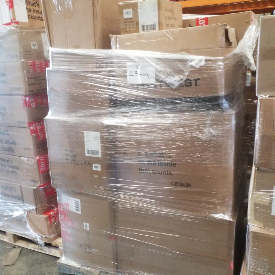 PALLET CONTAINING ASSORTED CLOTHING INCLUDING JACKETS, CAPS, JEANS & R SHAPED KEY RINGS