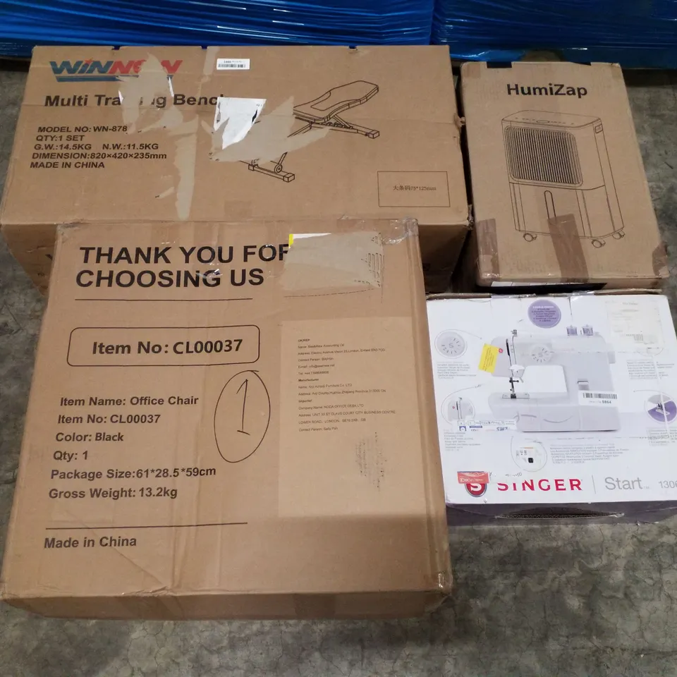 PALLET CONTAINING ASSORTED PRODUCTS TO INCLUDE MULTI TRAINING BENCH, OFFICE CHAIR, SEWING MACHINE, DEHUMIDIFIER 