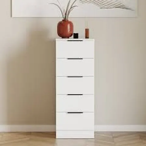 BOXED TREGA 5 DRAWER NARROW CHEST - WHITE (1 BOX)