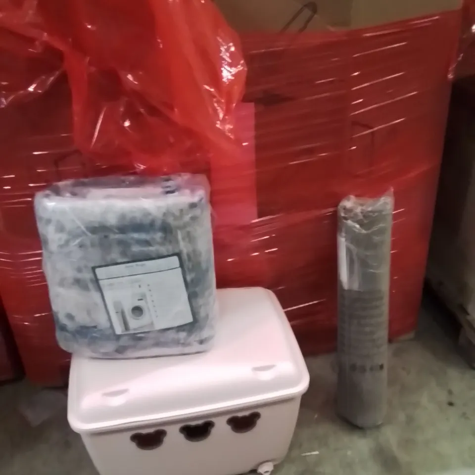 PALLET OF ASSORTED HOUSEHOLD GOODS AND PRODUCTS TO INCLUDE;STORAGE BOX,CHAIR MAT,LARGE AREA RUG