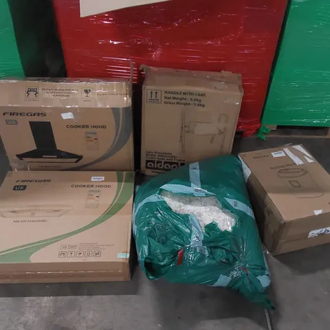 PALLET OF ASSORTED CONSUMER PRODUCTS TO INCLUDE: COOKER HOODS, PAPER SHREDDER, RUG, TOILET SEAT FRAME ECT