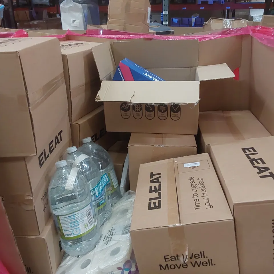 PALLET CONTAINING A LARGE QUANTITY OF EAT WELL. MOVE WELL. PLANT BASED HIGH PROTEIN CEREAL AND OTHER ASSORTED PRODUCTS