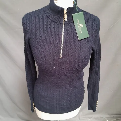HOLLAND COOPER CABLE KNIT 1/2 ZIP SWEATER IN NAVY SIZE XS