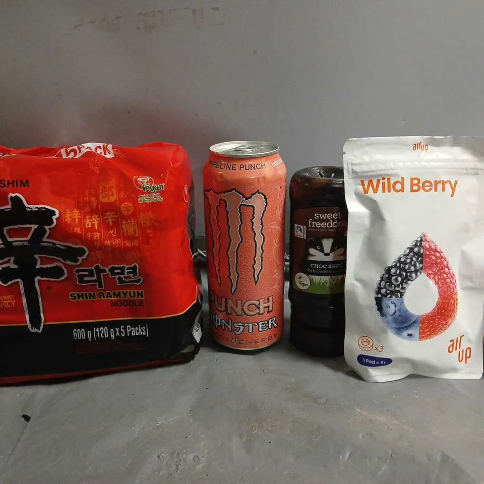 APPROXIMATELY 12 ASSORTED FOOD & DRINK ITEMS TO INCLUDE - MONSTER PUNCH , AIR UP WILD BERRY , GOLD DUST SALT ETC