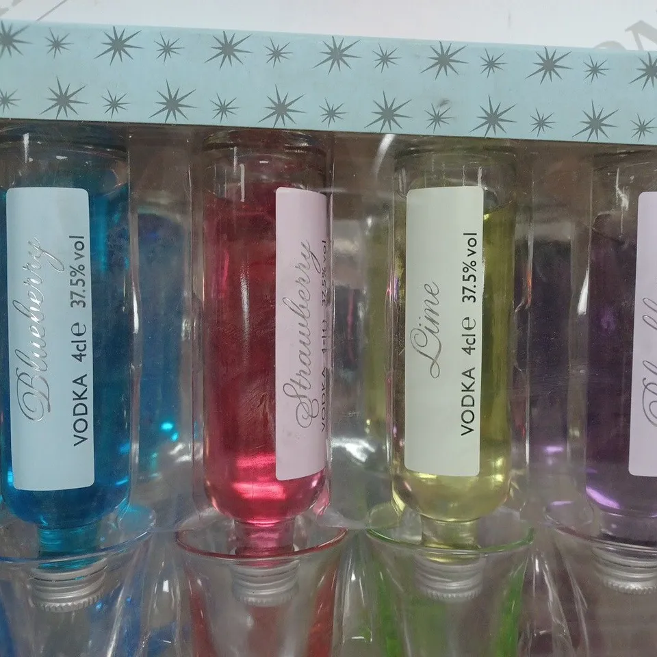BOXED VINTAGE MARQUE VODKA BAR 4 X 4CL FLAVOURED VODKAS AND SHOT GLASSES