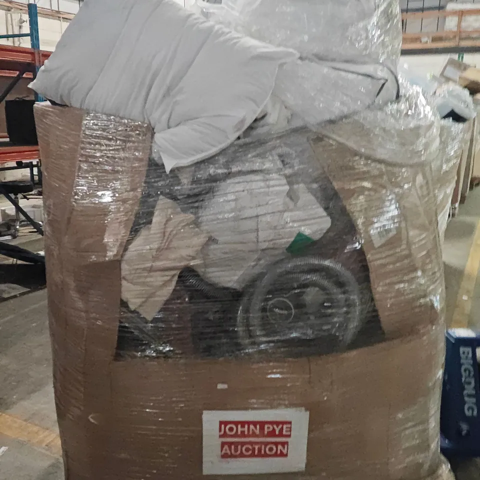 PALLET OF ASSORTED HOUSEHOLD GOODS AND PRODUCTS TO INCLUDE;DUVET BASKET,CAR SEAT,TOWELS,AREA RUG, VACUUM CLEANER