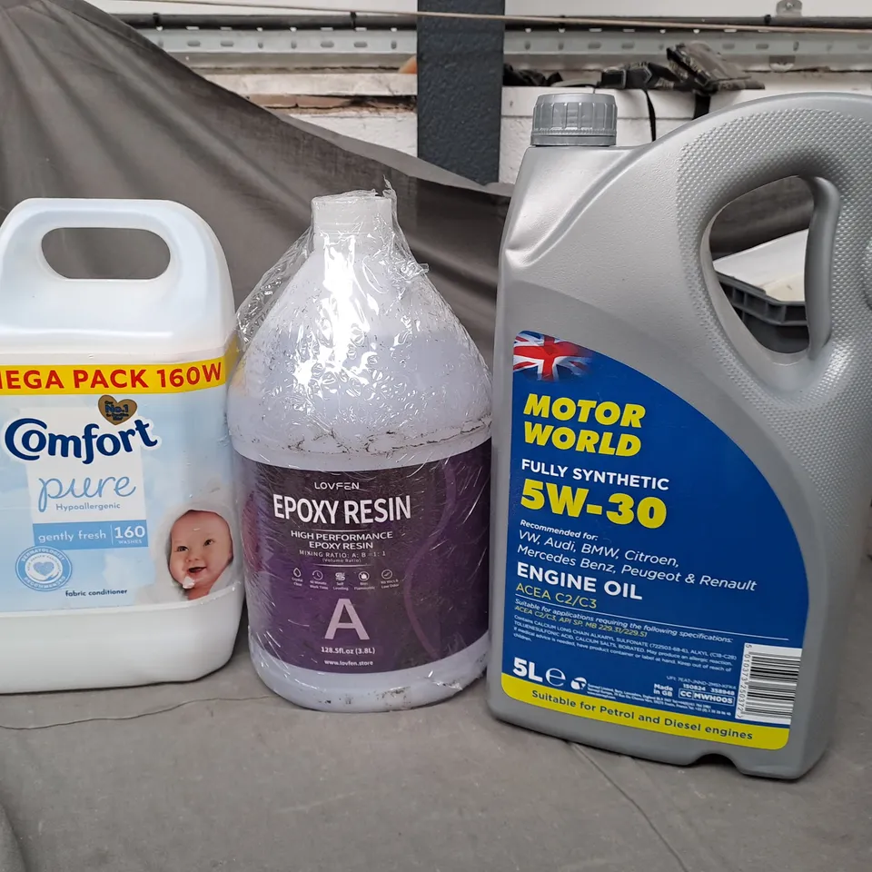 LOT OF 3 HOUSEHOLD LIQUIDS TO INCLUDE COMFORT FABRIC SOFTENER, EPOXY RESIN AND ENGINE OIL