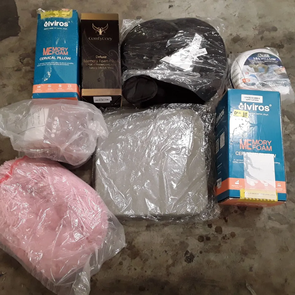 PALLET CONTAINING ASSORTED PILLOWS & CUSHIONS INCLUDING MEMORY FOAM CERVICAL PILLOW, LEG PILLOW, SEAT CUSHION, INFINITY PILLOW, SMALL PET BED