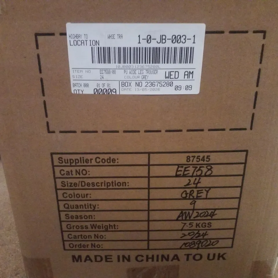 BOX CONTAINING APPROXIMATELY 9 BRAND NEW JD WILLIAMS GREY PU WIDE LEG TROUSERS - SIZE 24