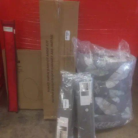 PALLET OF ASSORTED ITEMS INCLUDING KIDS SMILE KITE, TOILET SEAT, BALLOON ARCH, STORAGE BINS