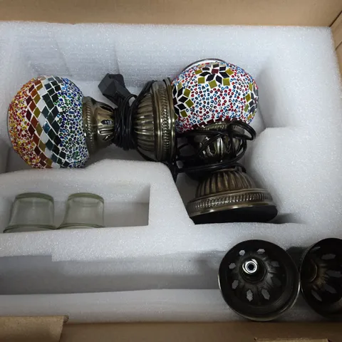 PAIR OF MOSAIC GLASS GLOBE LAMP SHADES WITH BRASS FITTINGS 