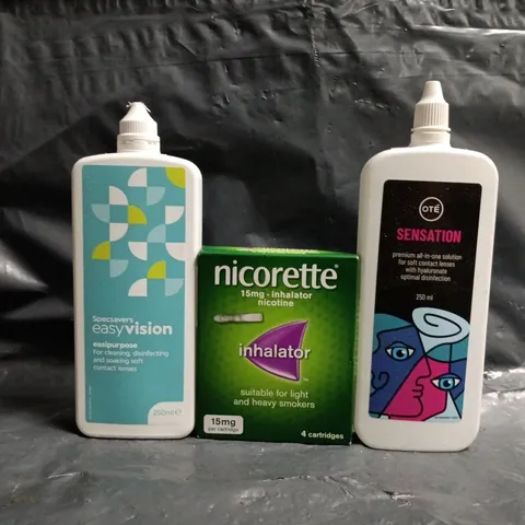 APPROXIMATELY 20 ASSORTED ITEMS TO INCLUDE CONTACT LENSE CLEANERS, NICORETTE INHALER, ETC