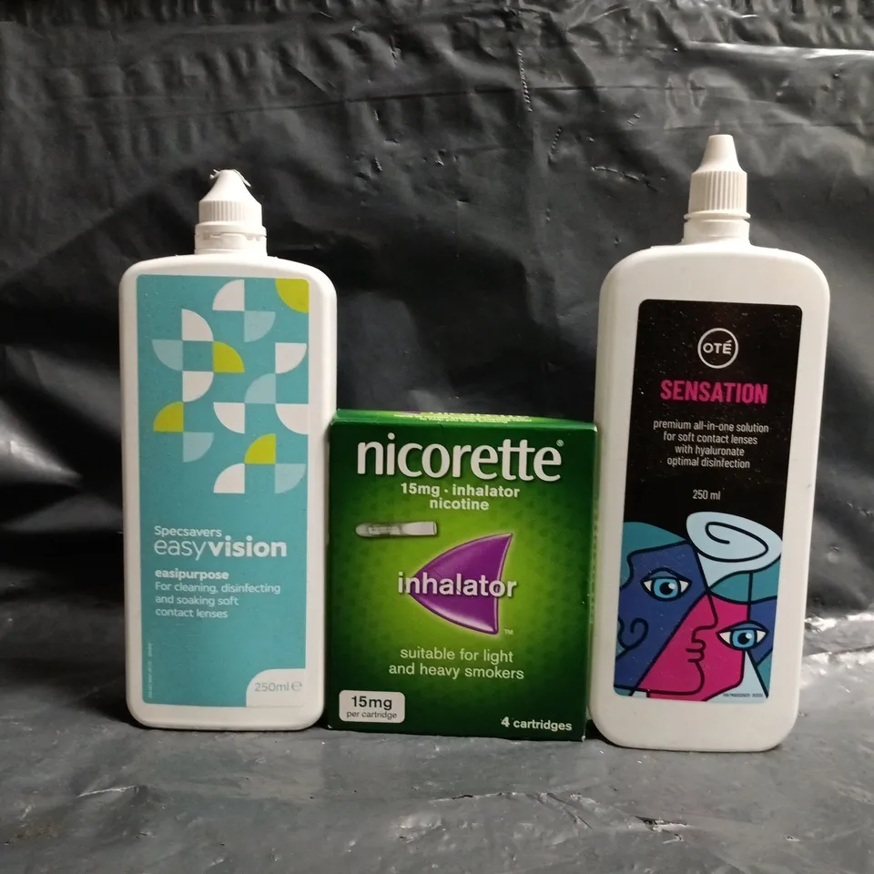 APPROXIMATELY 20 ASSORTED ITEMS TO INCLUDE CONTACT LENSE CLEANERS, NICORETTE INHALER, ETC