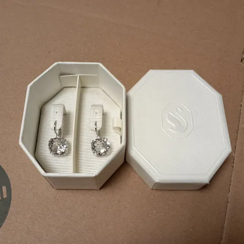 BOXED SWAROVSKI SILVER-TONE DROP EARRINGS WITH CLEAR STONES