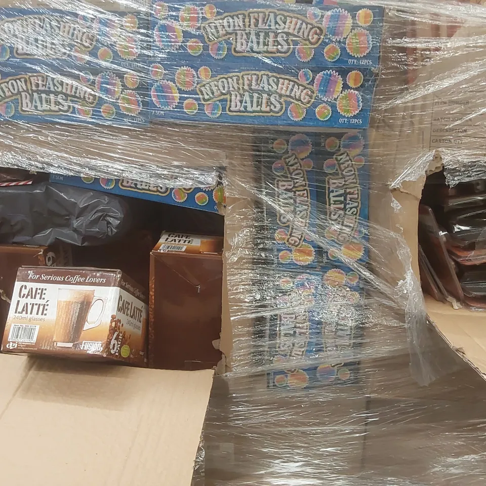 PALLET TO CONTAINING A VERY LARGE QUANTITY OF ASSORTED ITEMS INCLUDING: NEON FLASHING BALLS, CAFE LATTE GLASSES, BBQ ACCESSORIES, HEN PARTY ITEMS ECT