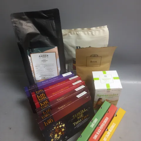 BOX OF APPROX 10 ASSORTED FOOD ITEMS TO INCLUDE - HARRODS VANILLA LOOSE TEA - SLIMMING WORLD HIFI BARS - PACT FRUIT&NUT COFFEE BEANS ETC