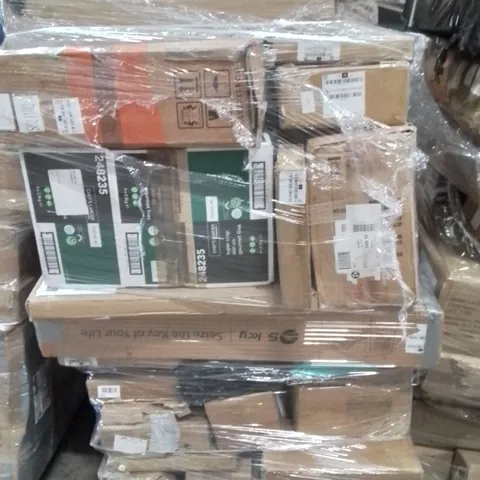 PALLET CONTAINING VARIOUS ASSORTED ITEMS TO INCLUDE, GAZEBO, KIDS BICYCLE, BATHROOM MIRROR CABINET, PIZZA OVEN, COMPUTER DESK CAT TREE, KITCHEN SHELVES AND LOTS MORE UNMARKED BOXED ITEMS