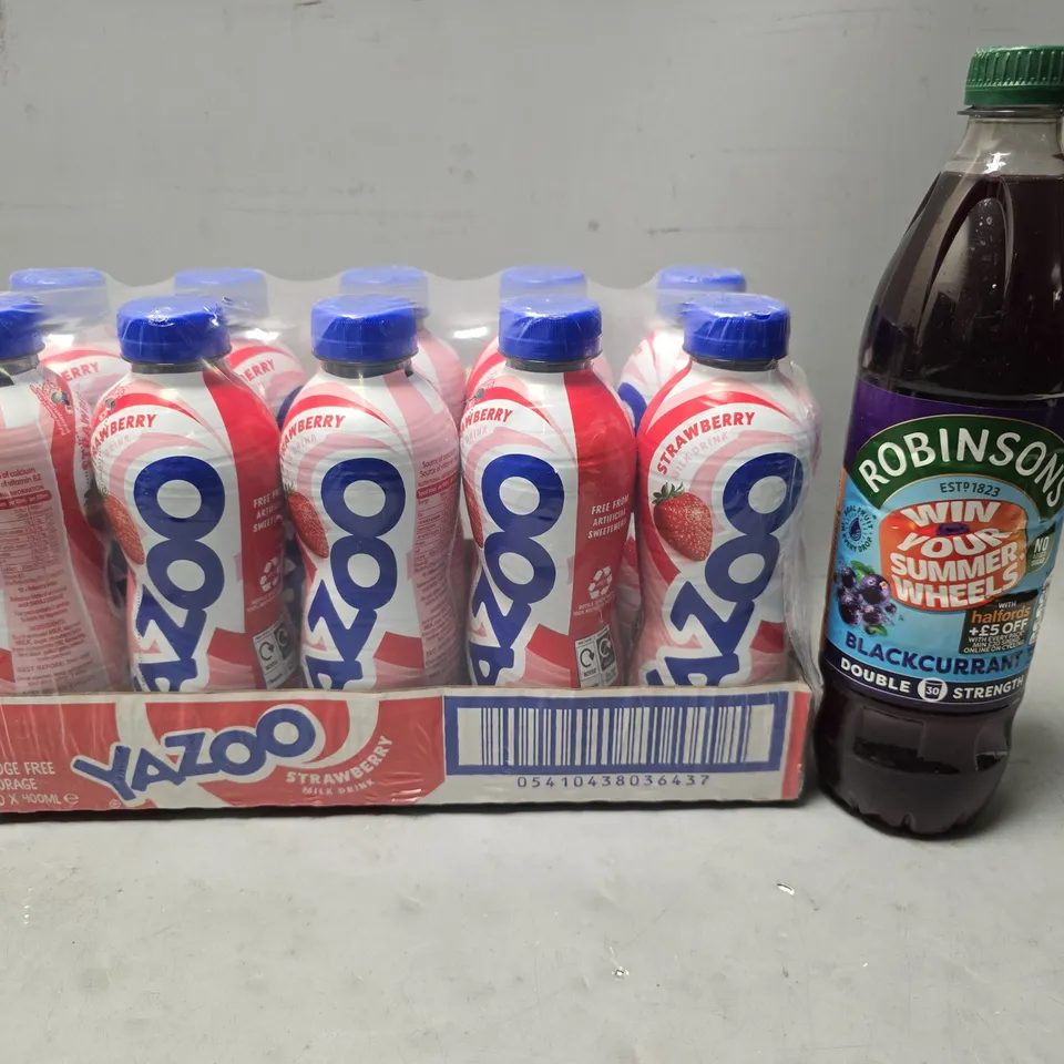 APPROXIMATELY 2 ASSORTED DRINKS ITEMS TO INCLUDE - YAZOO STRAWBERRY MILKSHAKE , ROBINSONS BLACKCURRANT 