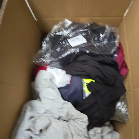 LARGE BOX OF ASSORTED CLOTHING ITEMS IN VARIOUS SIZES, STYLES AND COLOUR 