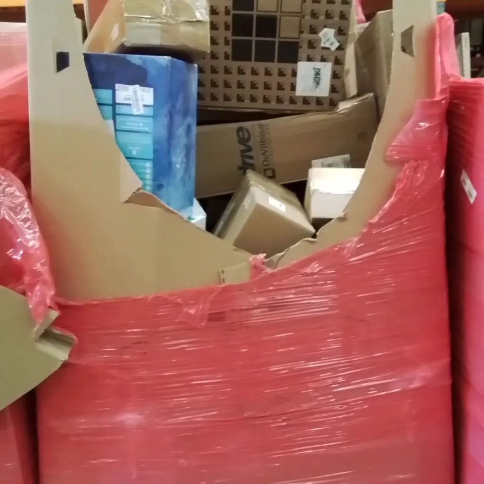 PALLET CONTAINING VARIOUS ASSORTED BOXED HOUSEHOLD ITEMS TO INCLUDE: KNITTING MACHINE, ALKALINE WATER COUNTER TOP UNITS, TV STANDS, PROJECTOR SCREEN AND LOTS MORE UNMARKED BOXED ITEMS 