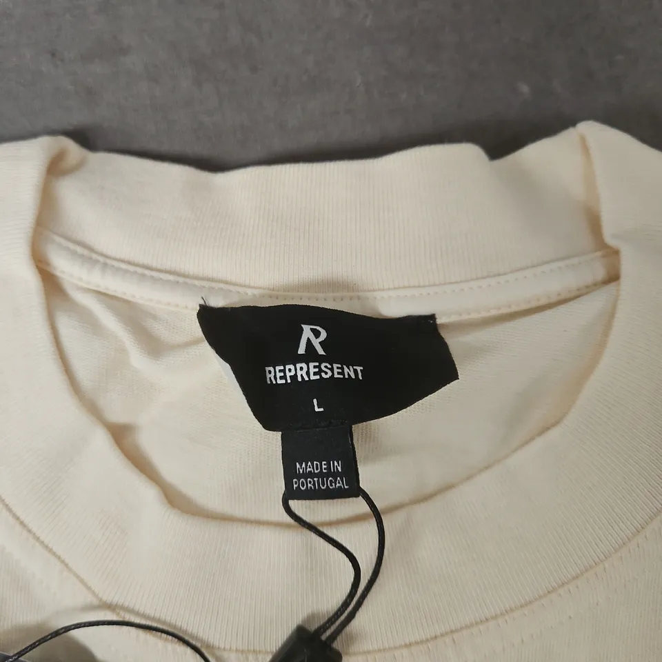 REPRESENT LOGO T-SHIRT – CREAM, UK SIZE L