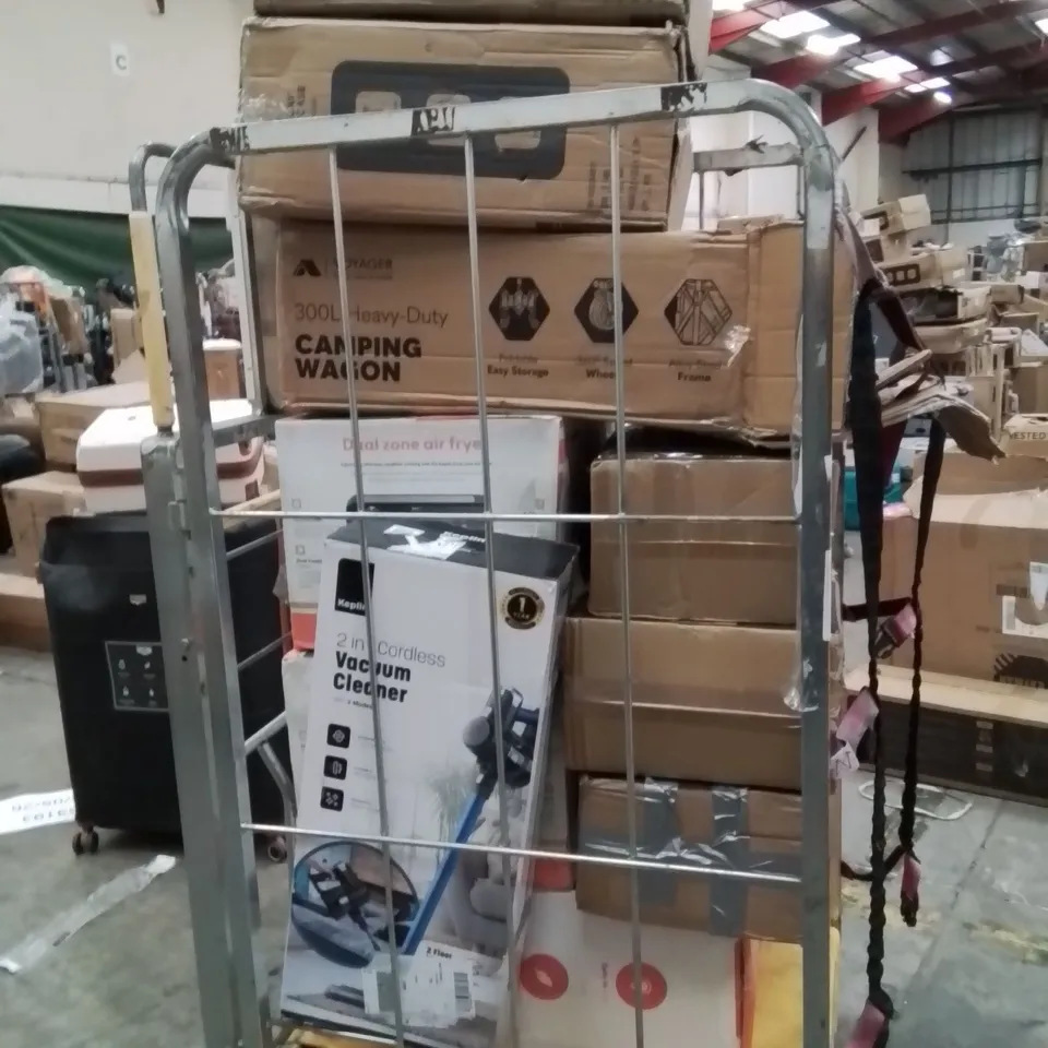 CAGE OF ASSORTED HOUSEHOLD GOODS AND PRODUCTS TO INCLUDE;300L HEAVY DUTY CAMPING WAGON,SUITCASES,VACUUM CLEANER,CHILDREN'S CAR SEAT