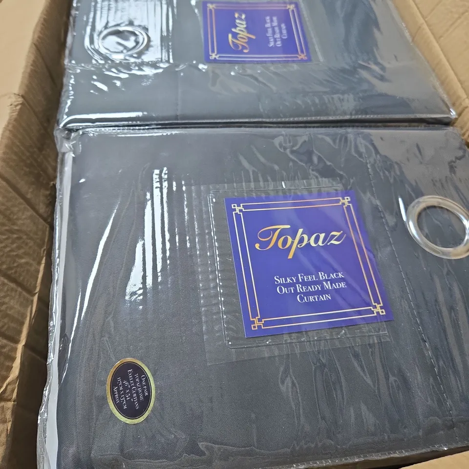 BOX OF APPROXIMATELY 10 X TOPAZ EYELET CURTAINS – SILKY FEEL BLACKOUT READY MADE, 46 X 54 INCHES (117 X 137 CM)