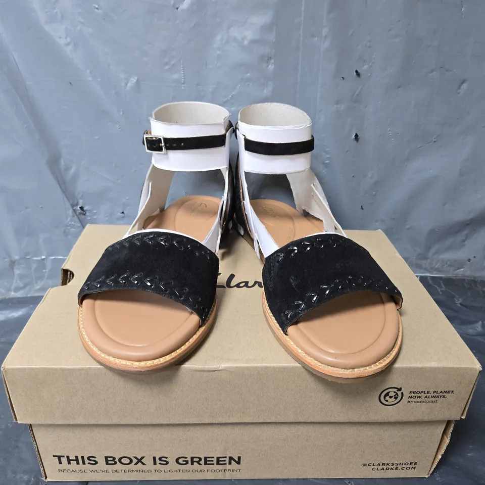 BOXED PAIR OF CLARKS MARITIME MAY SANDALS IN BLACK SUEDE - UK 6.5
