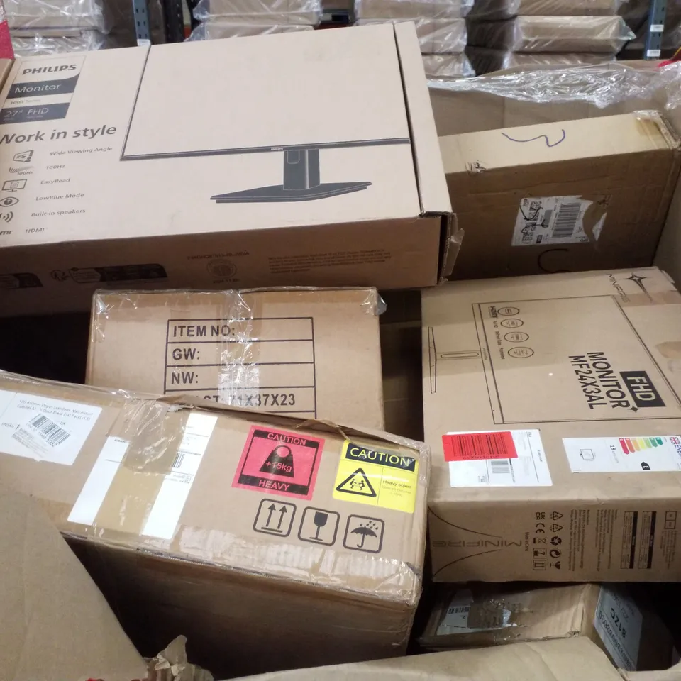 PALLET CONTAINING ASSORTED PRODUCTS INCLUDING WALL MOUNTED SERVER CABINET & COMPUTER MONITORS 