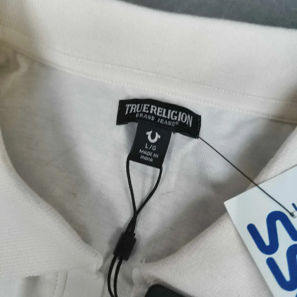 TRUE RELIGION PANEL SHORT SLEEVE POLO IN WHITE - LARGE