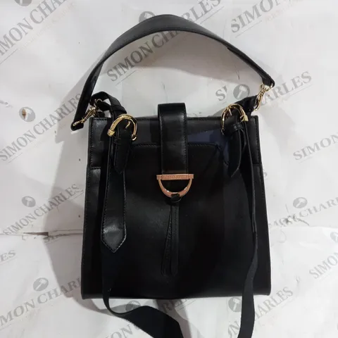 PAUL COSTELLOE DRESSAGE HANDBAG WITH MESSENGER HANDLE BLACK AND GOLD ACCENTS LEATHER