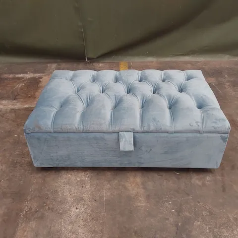 QUALITY DESIGNER BLUE VELVET UPHOLSTERED OTTOMAN FOOTSTOOL